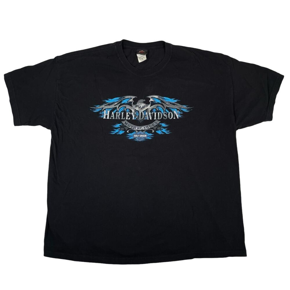 VTG Harley Davidson Mens 2XL Shirt Blue Flame Eagle Y2K